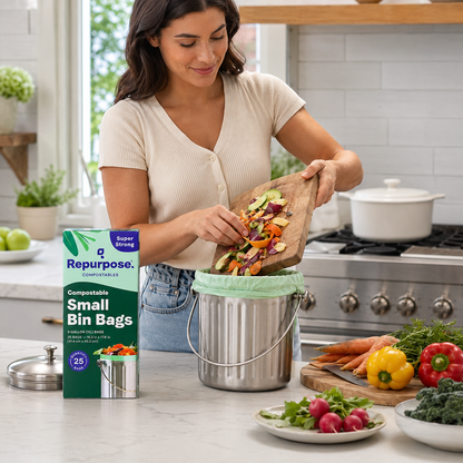 Repurpose Compostables Repurpose 3 Gallon, 11 Liter Super Strong, Small Compostable Trash Bags, Biodegradable Products Institute (BPI) Certified, 25 Count