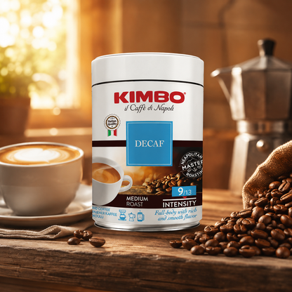 Kimbo Espresso Decaffeinato Ground Coffee - Blended and Roasted in Italy - Medium Roast with a Full-body Rich and Smooth Flavor - 8.8 oz Can