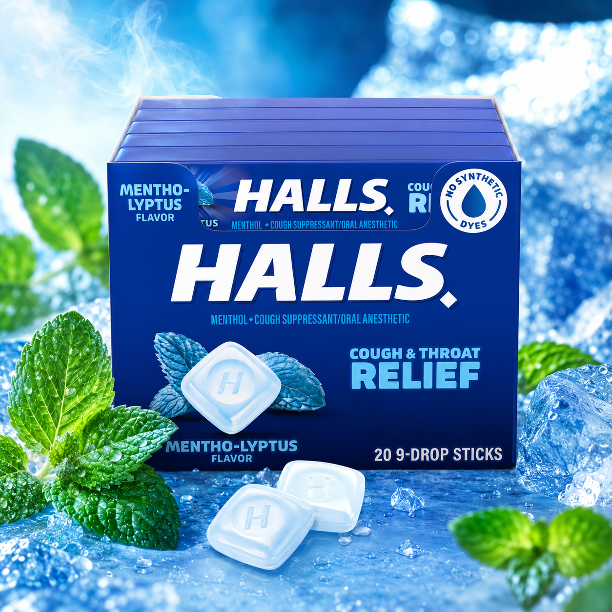 HALLS Cough and Throat Relief Mentho-Lyptus Cough Drops, 9 Sticks (Pack of 20)
