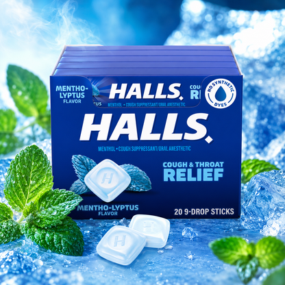 HALLS Cough and Throat Relief Mentho-Lyptus Cough Drops, 9 Sticks (Pack of 20)