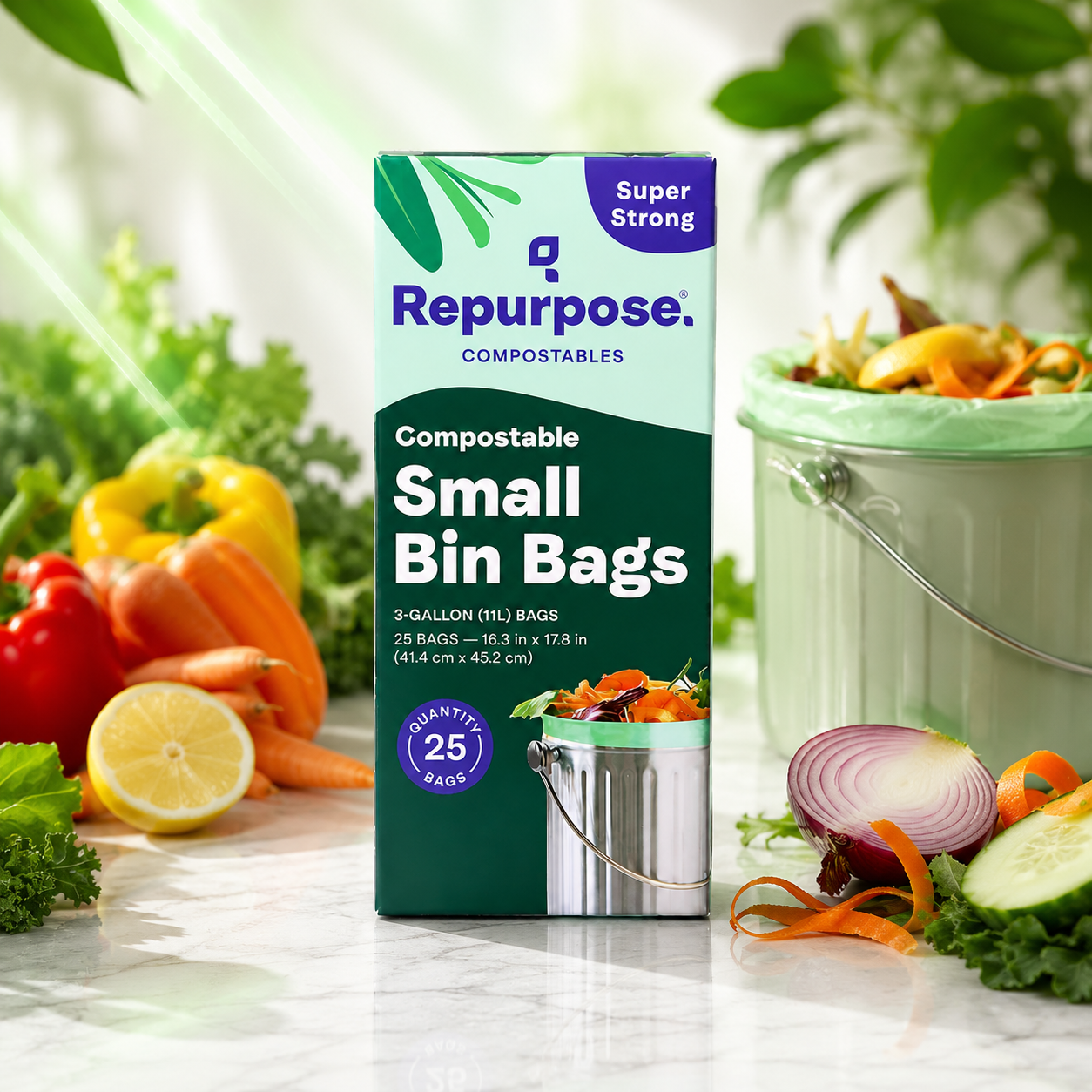 Repurpose Compostables Repurpose 3 Gallon, 11 Liter Super Strong, Small Compostable Trash Bags, Biodegradable Products Institute (BPI) Certified, 25 Count