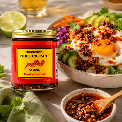 CHILE CRUNCH - Original Spicy Crunchy Condiment - All Natural Roasted Chili Peppers, Garlic & Onion Crisp Sauce - Vegan, Gluten-Free, No Preservatives - Homemade Authentic Mexican Recipe 5.5oz