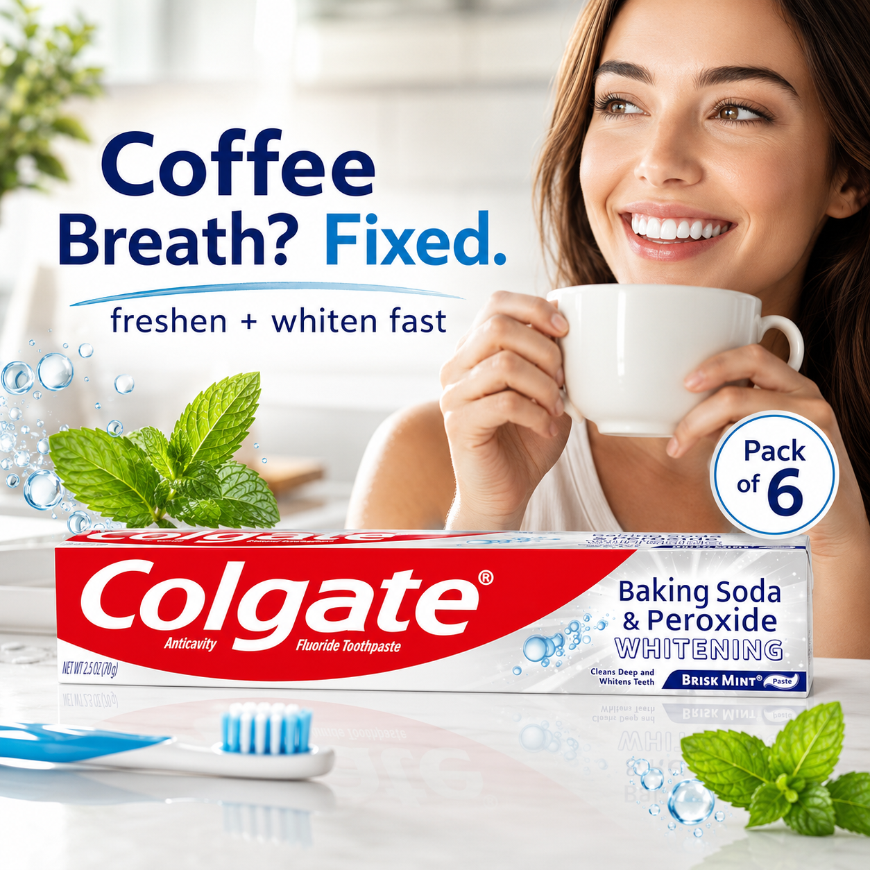 Colgate Baking Soda and Peroxide Toothpaste, Whitening Baking Soda Toothpaste, Brisk Mint Flavor, Whitens Teeth, Fights Cavities and Removes Surface Stains for Whiter Teeth, 2.5 Oz Tube, (Pack of 6)