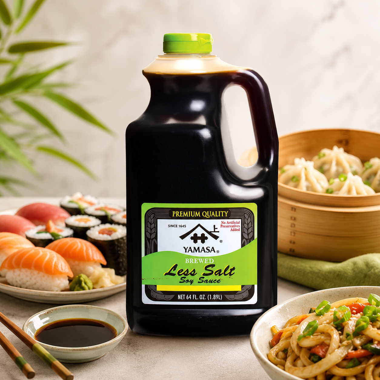 Yamasa Less Salt Soy Sauce Low Sodium Preservative Free Kosher Premium Soy Sauce 64 fl. oz. Bottle