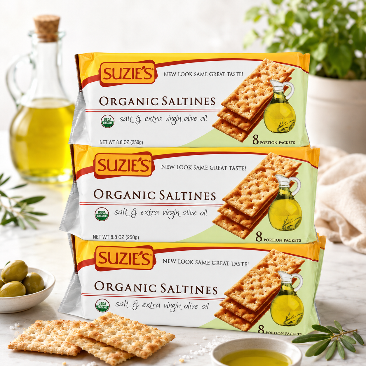 Suzie's Organic Saltines Crackers Salted with Extra Virgin Olive Oil (Pack of 3) 8.8oz Each