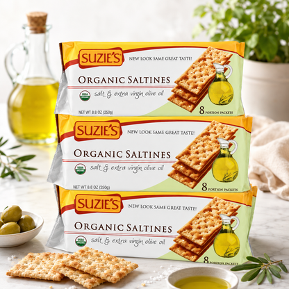 Suzie's Organic Saltines Crackers Salted with Extra Virgin Olive Oil (Pack of 3) 8.8oz Each
