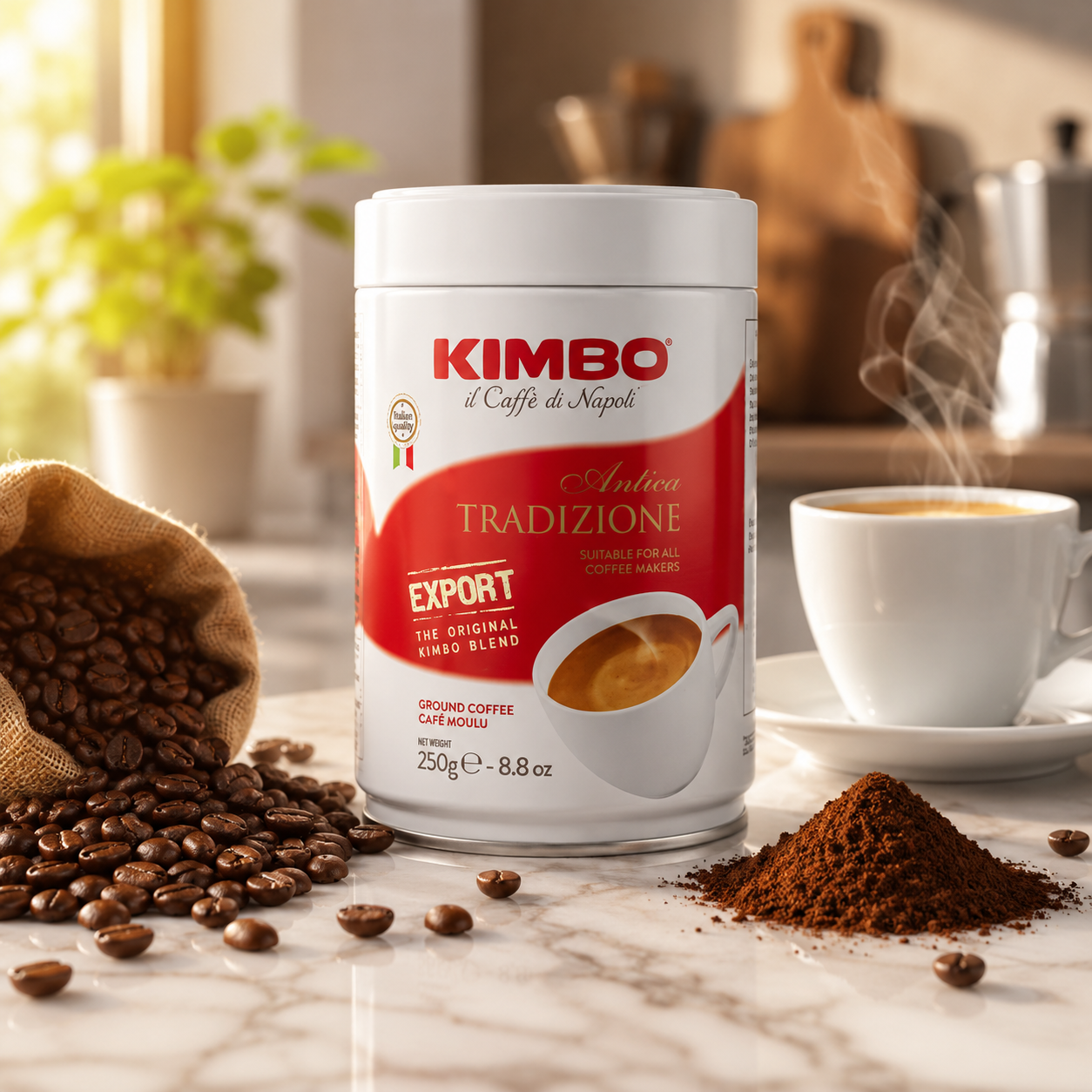 Kimbo Antica Tradizione Ground Coffee - Blended and Roasted in Italy - Medium to Dark Roast with a Delicious Flavor in a typical Neapolitan Roasting - 8.8 oz Can