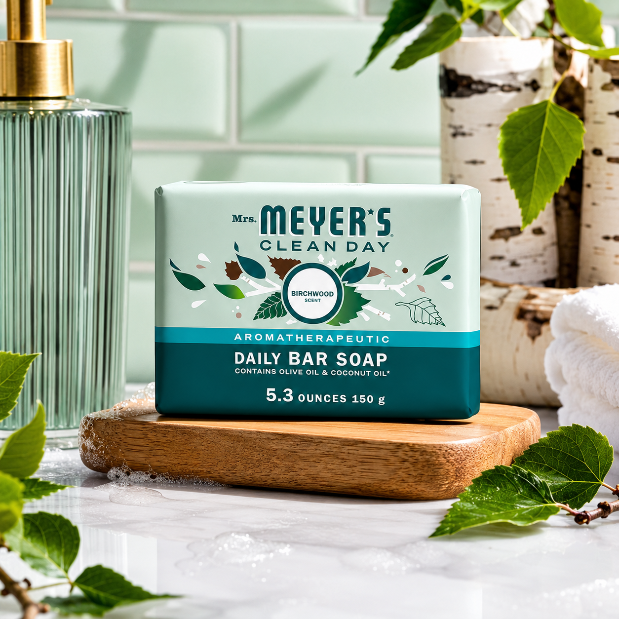 Mrs. MEYER'S Clean Day Bar Soap Use as Body Wash or Hand Soap Made with Essential Oils Birchwood 5.3 oz
