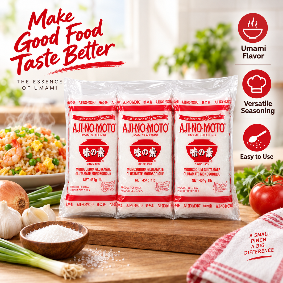 Ajinomoto MSG in Plastic Bag Umami Seasoning 454g / 1LB / 16 oz (Pack of 3) Ajinomoto