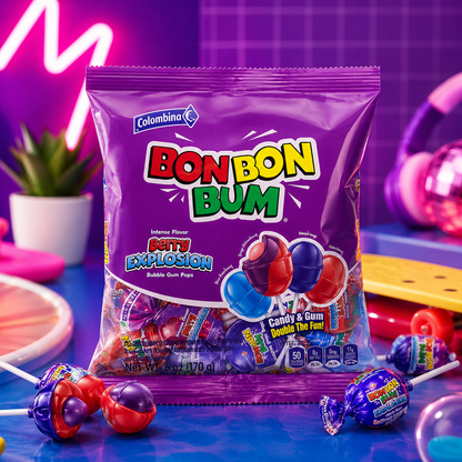 Colombina Bon Bon Bum Lollipops w/Bubble Gum Center, Berry Explosion Mix, Individually Wrapped, Ideal for Party Favors and Gifts, (Pack of 3)