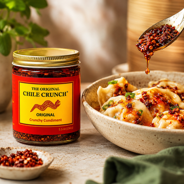 CHILE CRUNCH - Original Spicy Crunchy Condiment - All Natural Roasted Chili Peppers, Garlic & Onion Crisp Sauce - Vegan, Gluten-Free, No Preservatives - Homemade Authentic Mexican Recipe 5.5oz