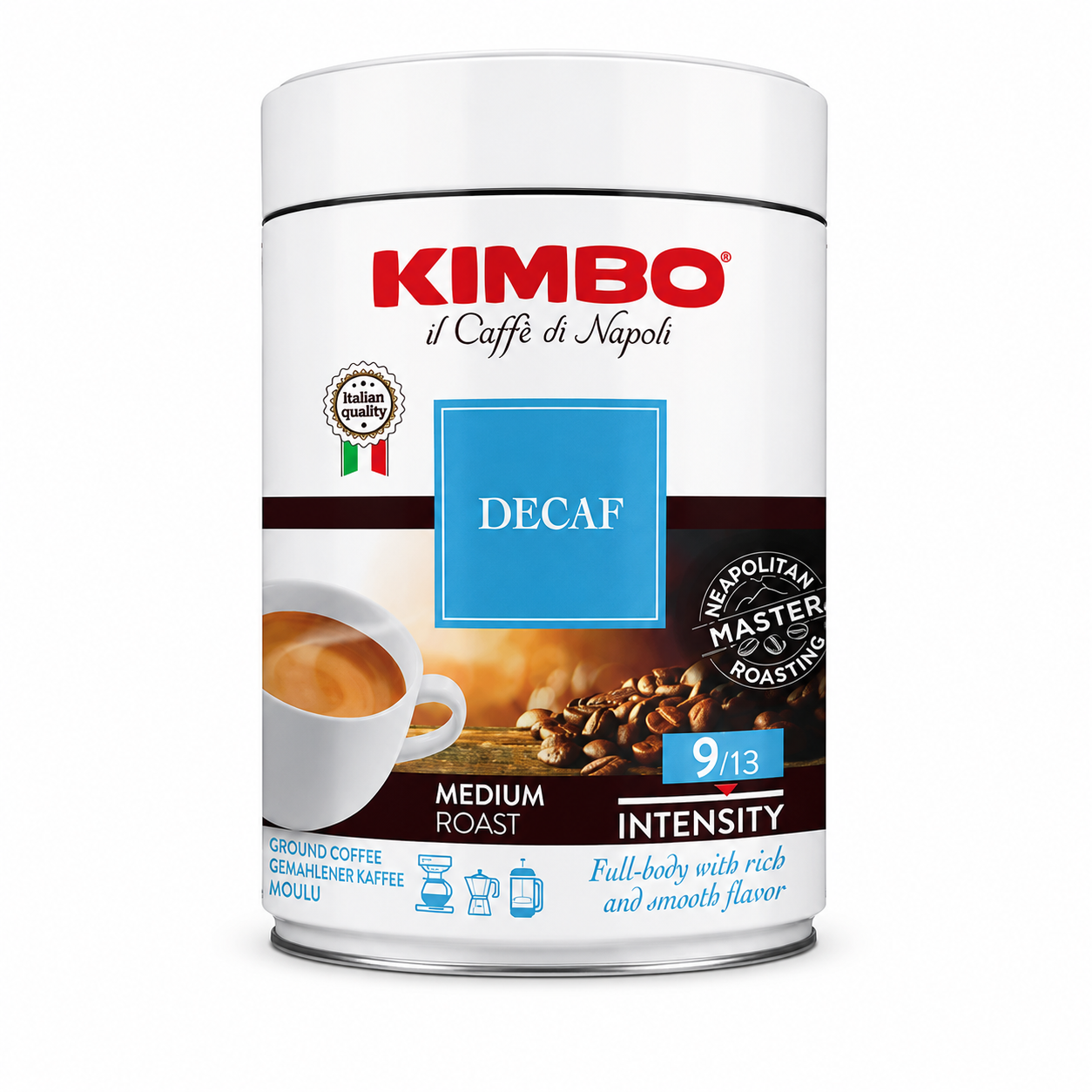 Kimbo Espresso Decaffeinato Ground Coffee - Blended and Roasted in Italy - Medium Roast with a Full-body Rich and Smooth Flavor - 8.8 oz Can