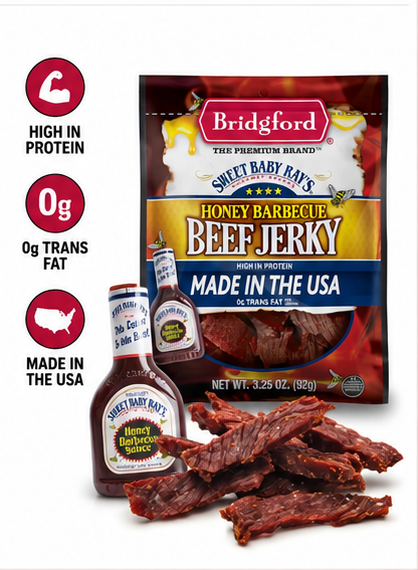 Bridgford Sweet Baby Ray's Honey BBQ Beef Jerky High Protein Naturally Smoked Ready-to-Eat Meat Snacks 3.25 oz