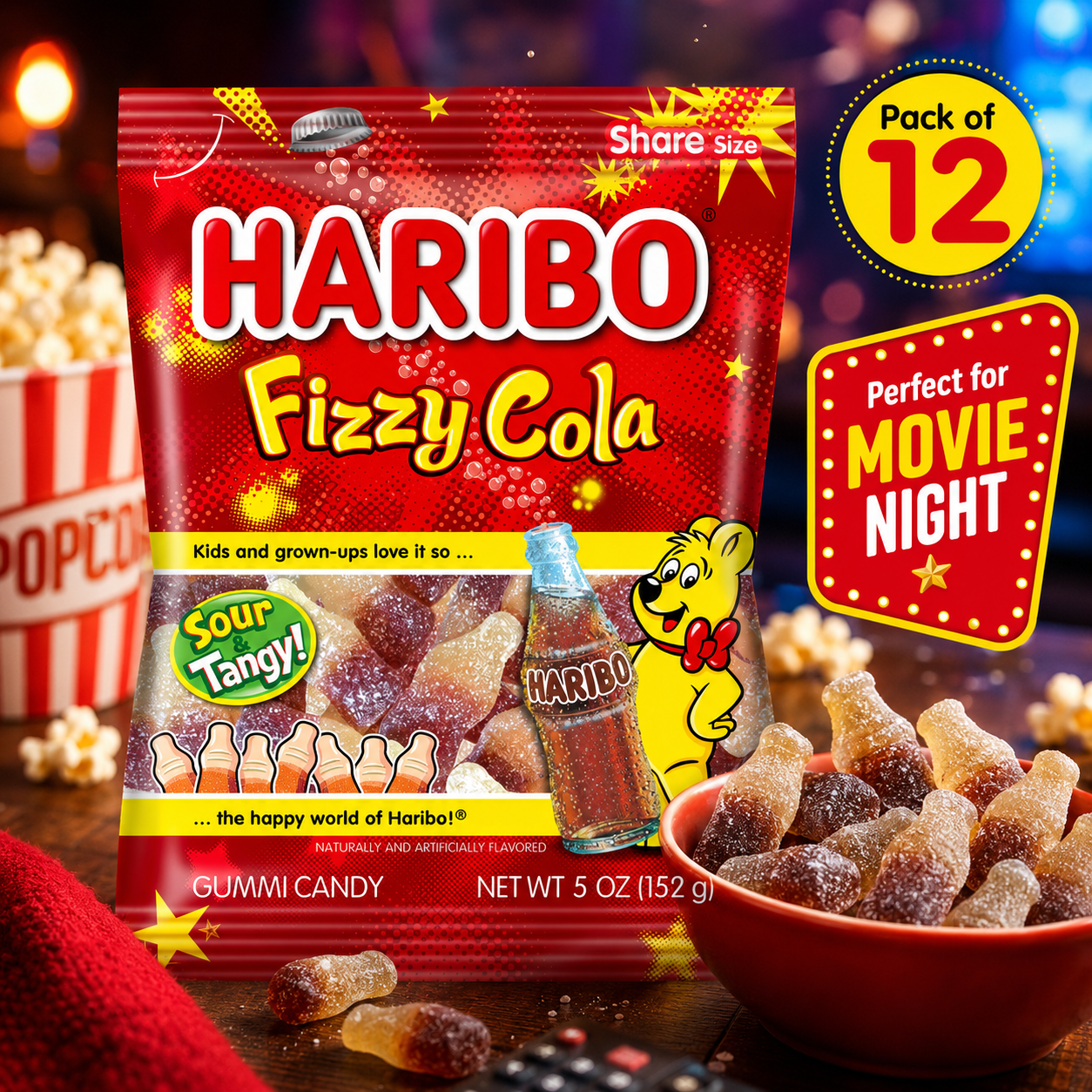 HARIBO Fizzy-Cola Gummi Candy Share Size Bags Sour & Tangy Cola Flavor Soft & Chewy 5 oz