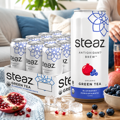 Steaz Organic Green Tea Blueberry Pomegranate Antioxidant Brew Natural Caffeine 90 Calories Vitamin C Cane Sugar Sweetened Vegan 16 fl oz