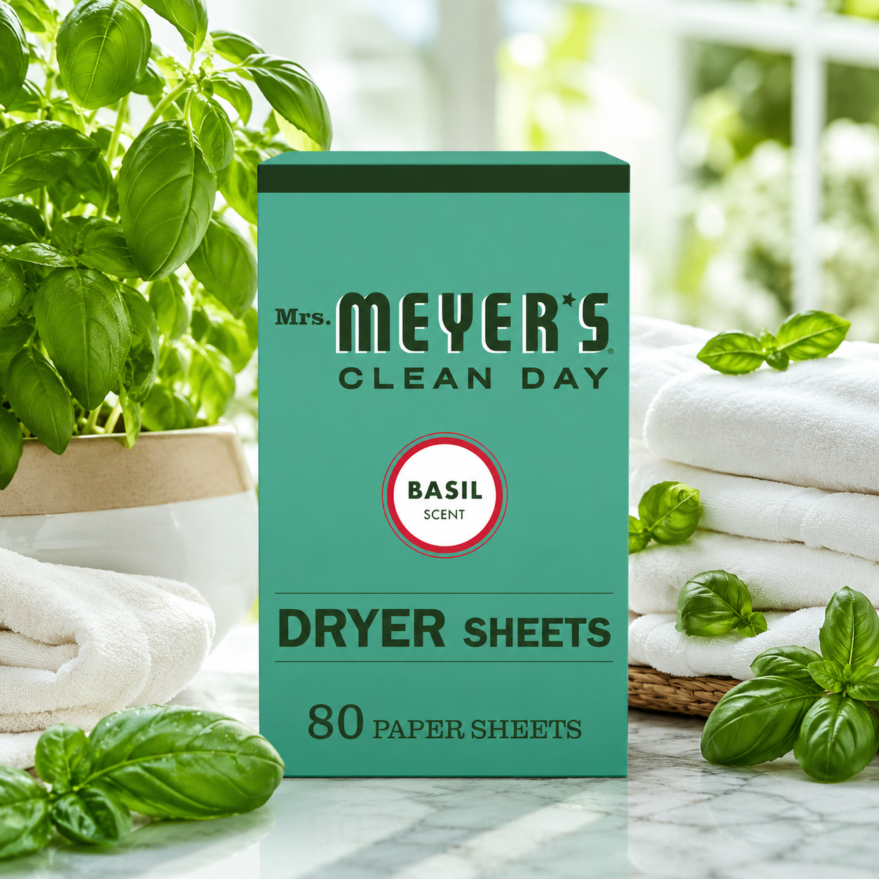 Mrs. Meyer's Clean Day Dryer Sheets Fabric Softener Basil Scent Softens Fabric Reduces Static Cruelty Free Formula 80 ct