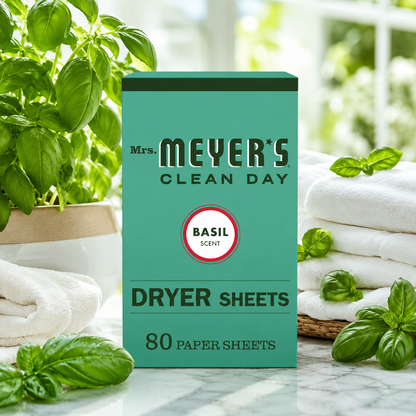 Mrs. Meyer's Clean Day Dryer Sheets Fabric Softener Basil Scent Softens Fabric Reduces Static Cruelty Free Formula 80 ct