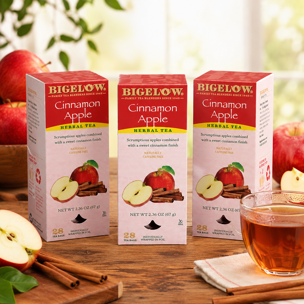 Bigelow Cinnamon Apple Herbal Tea Bags 28-Count Box Cinnamon Apple Hibiscus Flavored Herbal Tea Bags All Natural Non-GMO (Pack of 3)