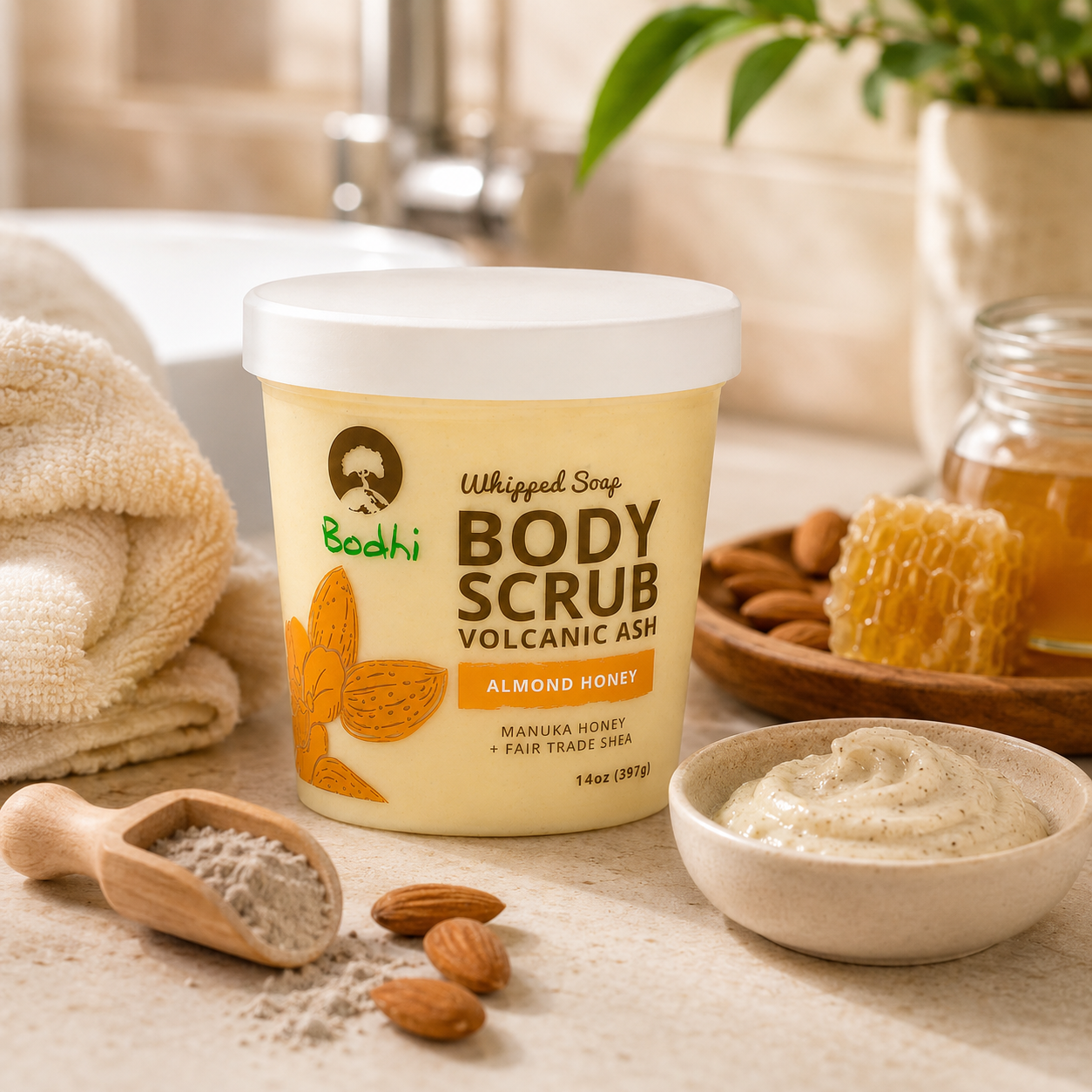 BODHI Handmade Soap Almond Honey Volcanic Ash Whipped Body Scrub 14 Oz