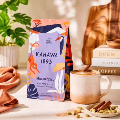 KAHAWA 1893 Medium Roast Ground Coffee African Spice With Cinnamon Cardamom & Clove High Antioxidants Organically Grown 12 oz