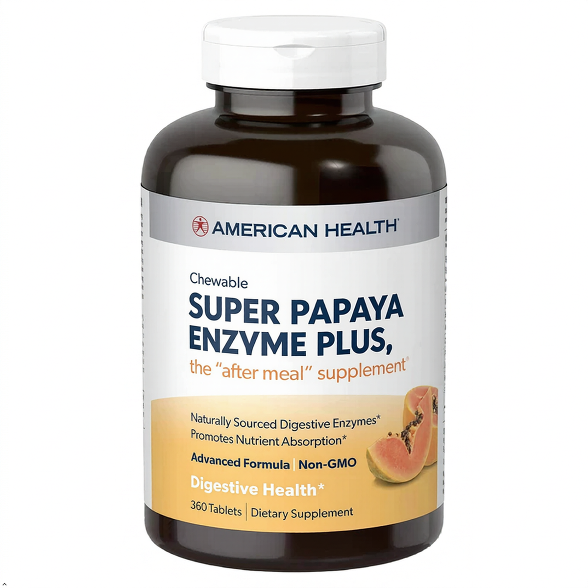 A bottle of American Health Super Papaya Enzyme Plus chewable tablets, featuring a dark amber bottle, white cap, and a label with white, blue, and yellow sections, set against a plain white background.