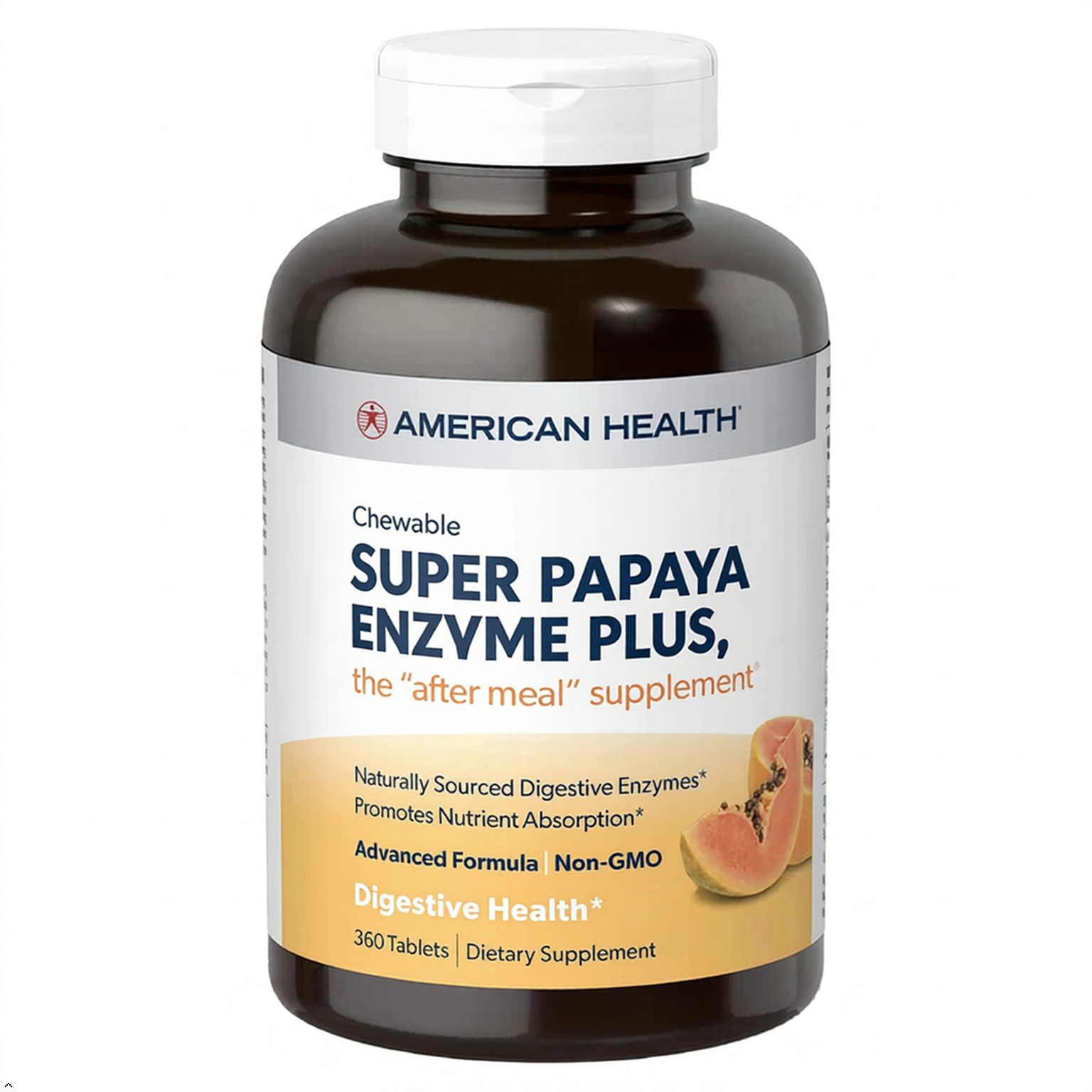 A bottle of American Health Super Papaya Enzyme Plus chewable tablets, featuring a dark amber bottle, white cap, and a label with white, blue, and yellow sections, set against a plain white background.