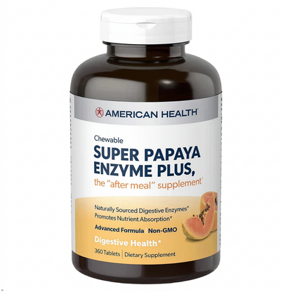 A bottle of American Health Super Papaya Enzyme Plus chewable tablets, featuring a dark amber bottle, white cap, and a label with white, blue, and yellow sections, set against a plain white background.