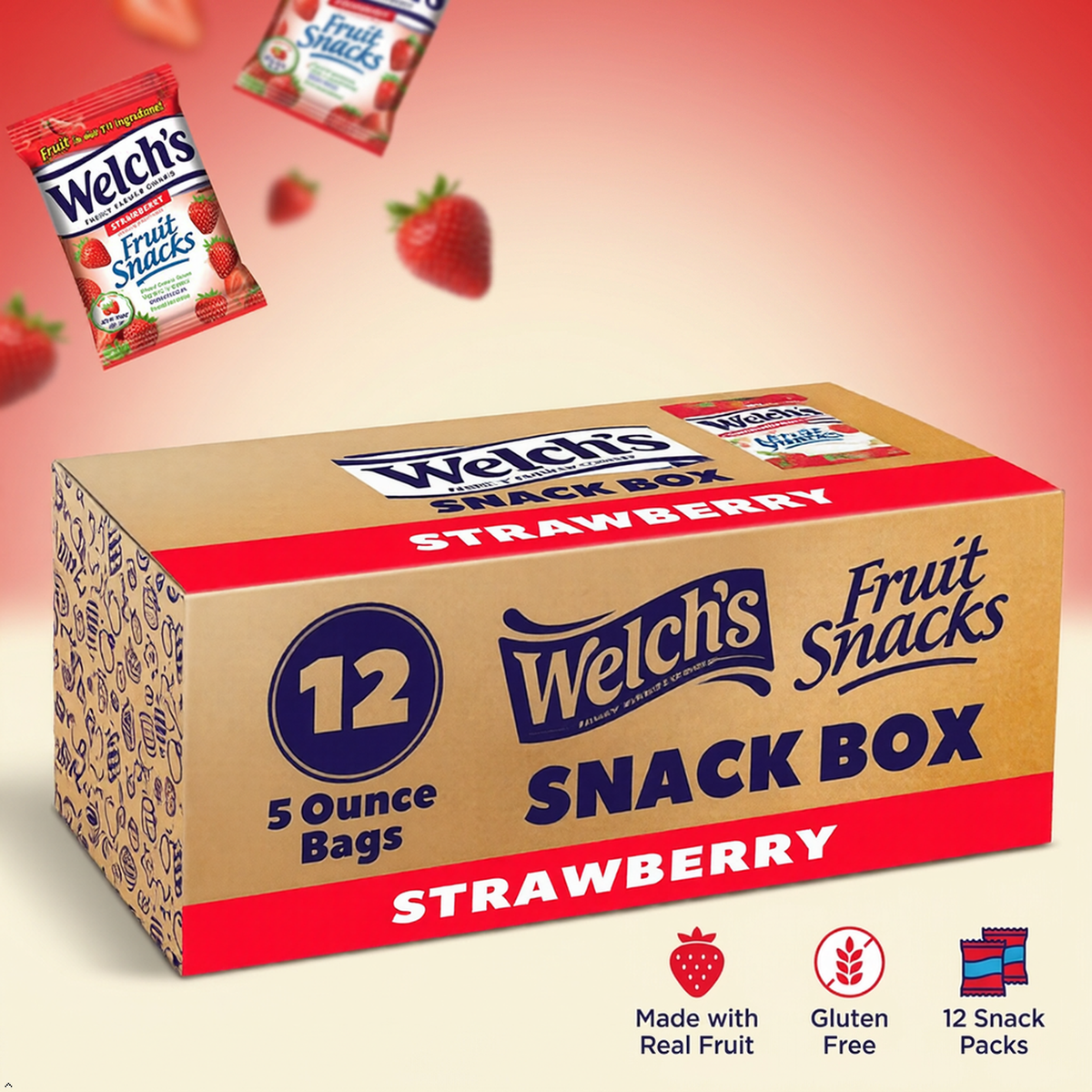 Welch's Fruit Snacks, Strawberry, Perfect for School Lunches (Pack of 12) Welch's