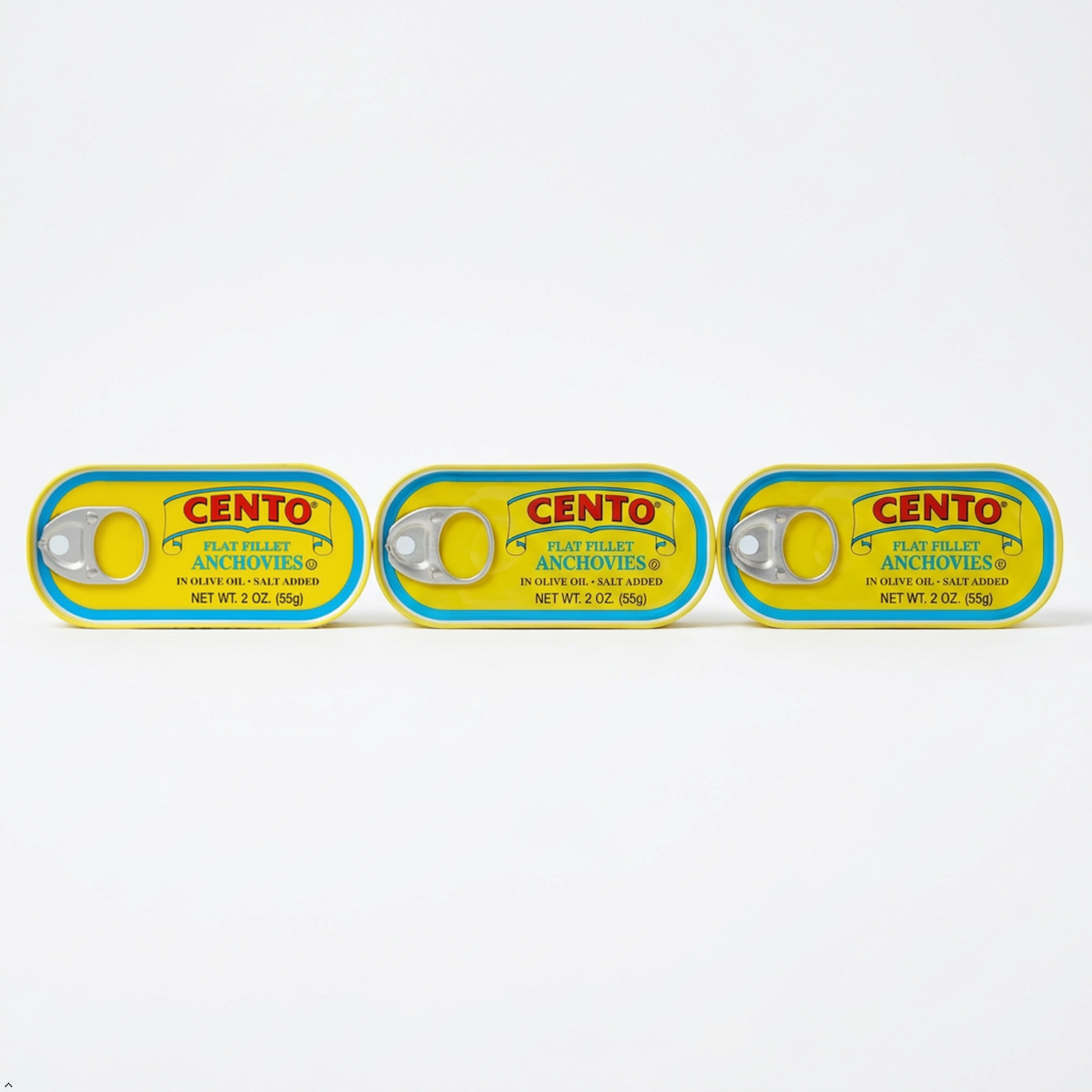 Cento - Flat Fillets of Anchovies in Olive Oil, 2 oz Tins (Pack of 3) Cento