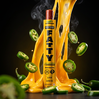 FATTY Grass-Fed Beef Smoked Meat Sticks, Jalapeno + Cheddar (Pack of 20) FATTY