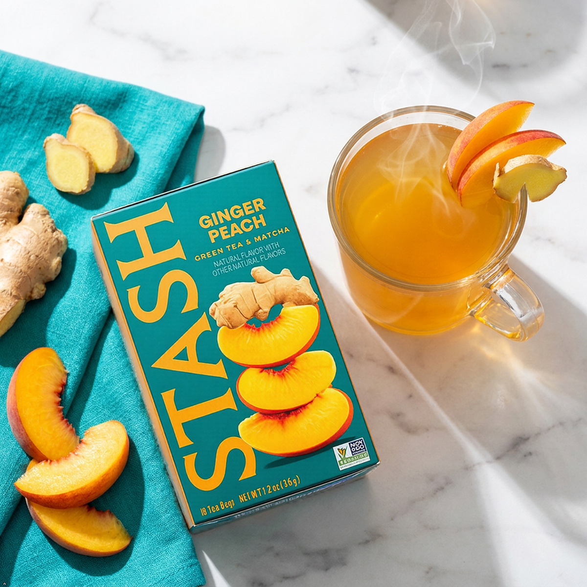 Stash Tea Ginger Peach Green Tea - Caffeinated Tea with No Artificial 18 Tea Bags Stash Tea