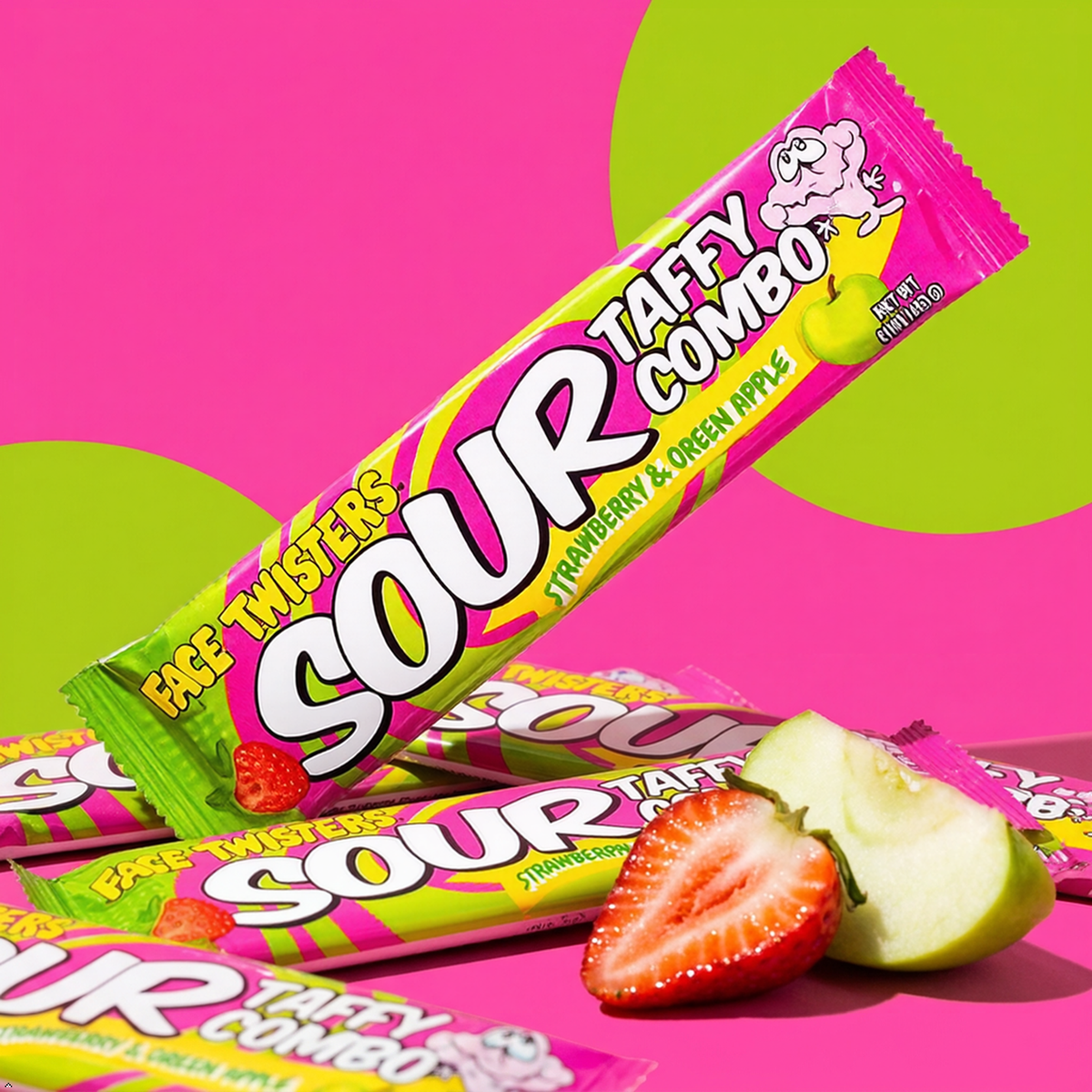 Face Twisters Sour Taffy Combo Strawberry and Green Apple - (Pack of 4) Large Face Twisters