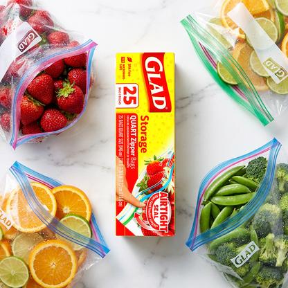 Glad Zipper Food Storage Plastic Bags - Quart - 25 Count Glad
