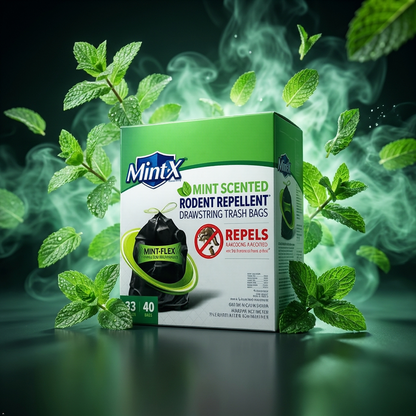 Mint-X Rodent Repellent Drawstring Trash Bags, 33 Gallon, 40 Count Mint-X