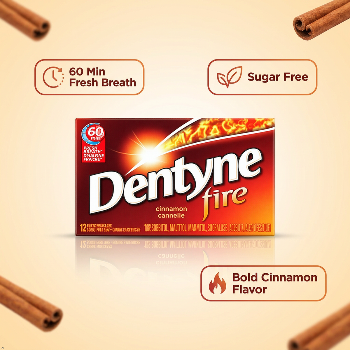 Dentyne Fire Spicy Cinnamon Sugar-Free Gum, 12 Count Dentyne