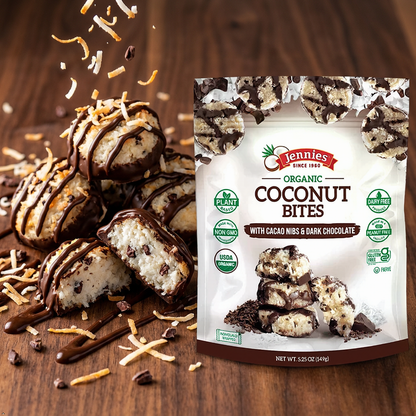 Jennies Organic Coconut Bites with Cacao Nibs & Dark Chocolate (Pack of 6) Jennies