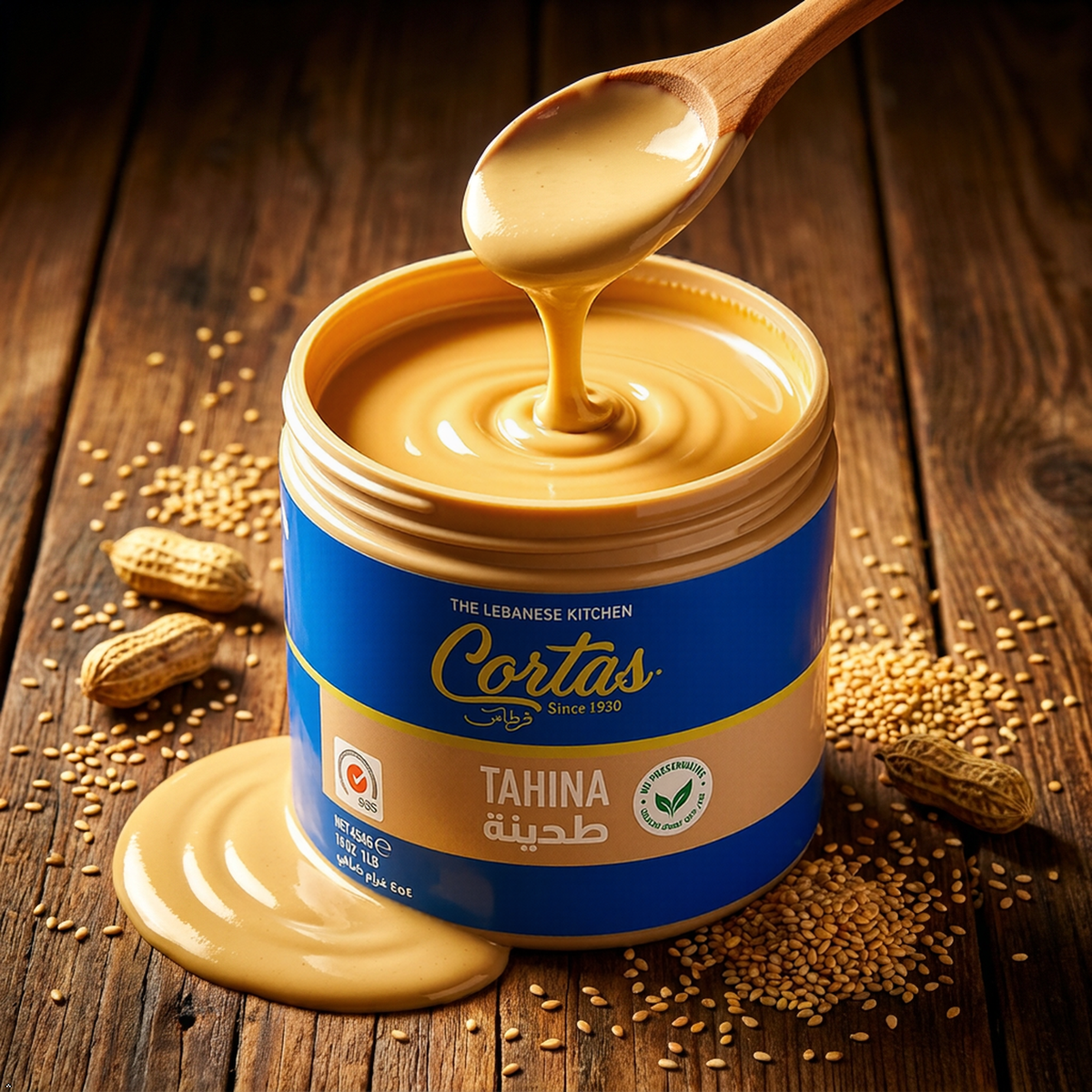 Cortas Premium Lebanese Tahini 1 LB, All Natural Sesame Paste Cortas