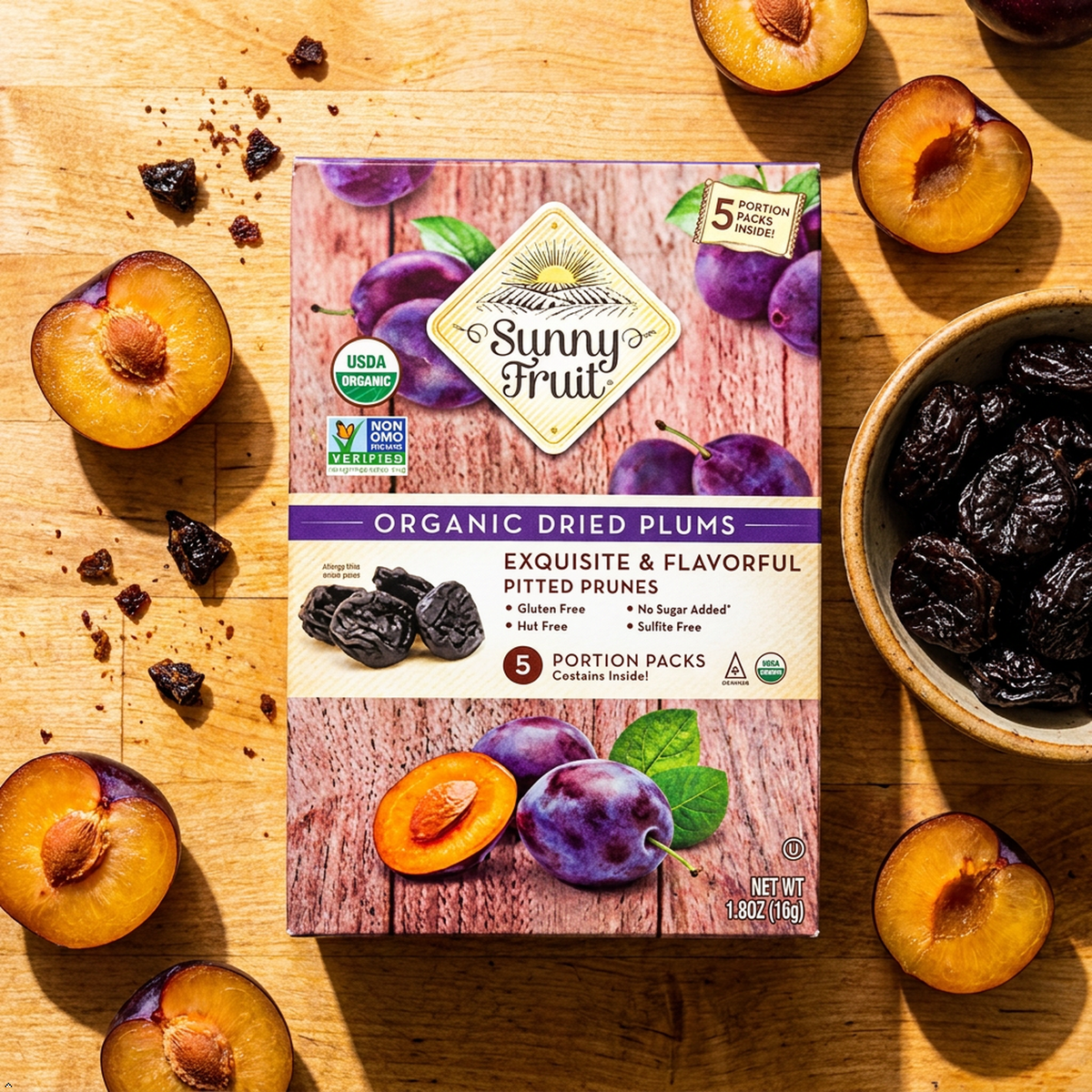 Sunny Fruit Soft Organic Pitted Prunes, 1 Bag (5 Portion Packs) Sunny Fruit
