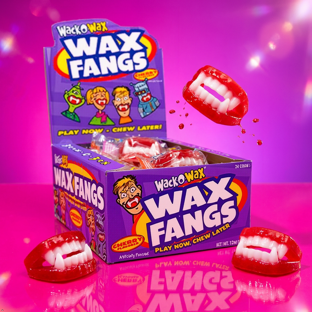 Wack-O-Wax Fangs Cherry Candy Halloween Toy, 24 Count Box Wack-O-Wax