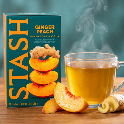 Stash Tea Ginger Peach Green Tea - Caffeinated Tea with No Artificial 18 Tea Bags Stash Tea