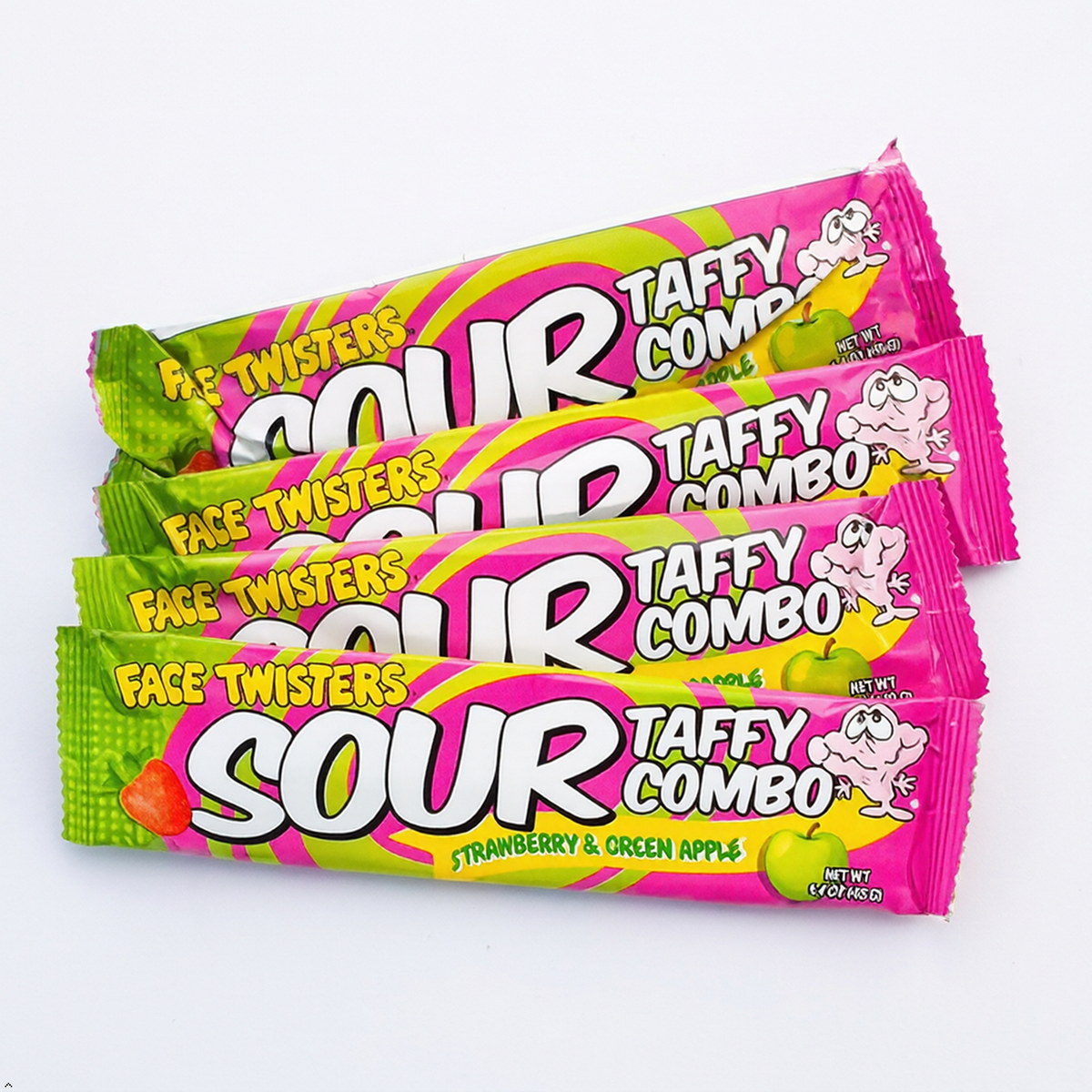 Face Twisters Sour Taffy Combo Strawberry and Green Apple - (Pack of 4) Large Face Twisters