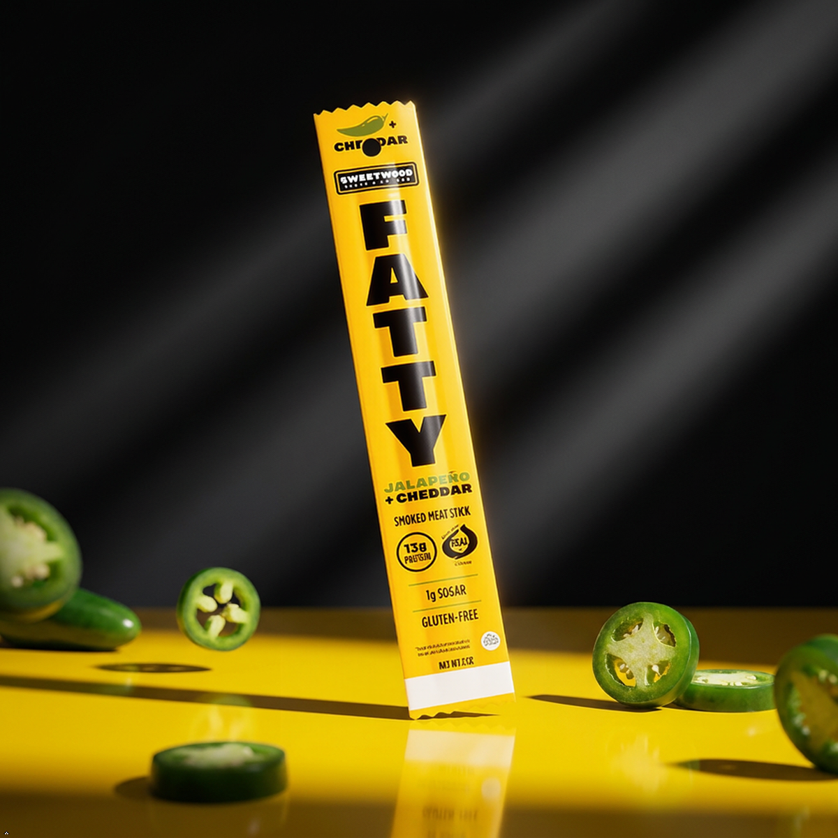 FATTY Grass-Fed Beef Smoked Meat Sticks, Jalapeno + Cheddar (Pack of 20) FATTY