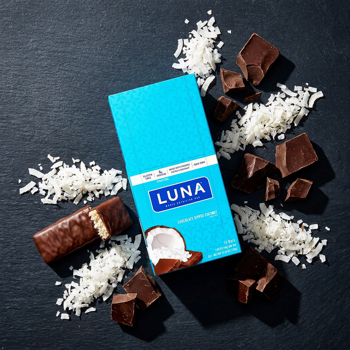 LUNA BAR - Snack Bars - Chocolate Dipped Coconut Flavor -8g of protein LUNA