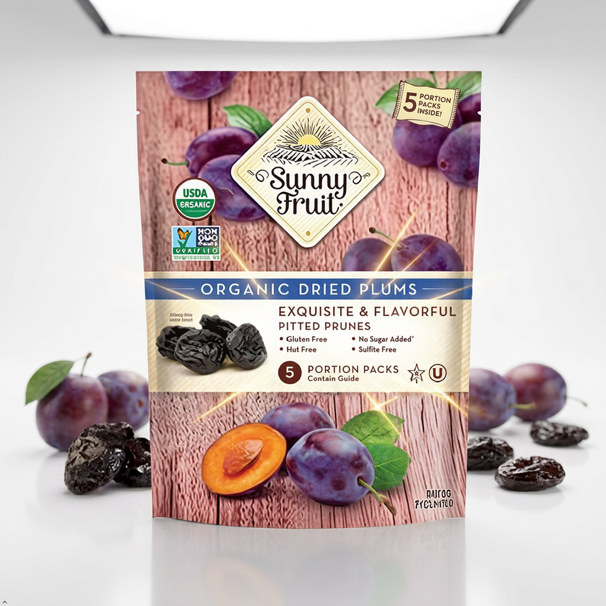 Sunny Fruit Soft Organic Pitted Prunes, 1 Bag (5 Portion Packs) Sunny Fruit