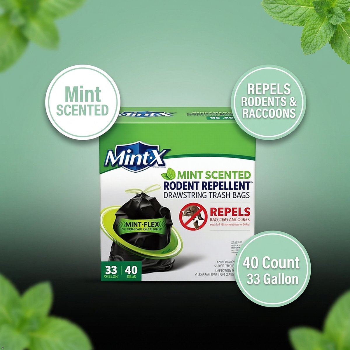 Mint-X Rodent Repellent Drawstring Trash Bags, 33 Gallon, 40 Count Mint-X