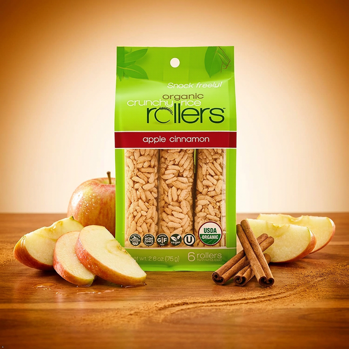CRUNCHY ROLLERS Organic Apple Cinnamon Rice Rollers 6 Count, 2.6 oz Crunchy Rollers