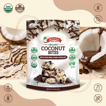Jennies Organic Coconut Bites with Cacao Nibs & Dark Chocolate (Pack of 6) Jennies