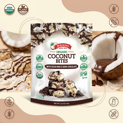Jennies Organic Coconut Bites with Cacao Nibs & Dark Chocolate (Pack of 6) Jennies