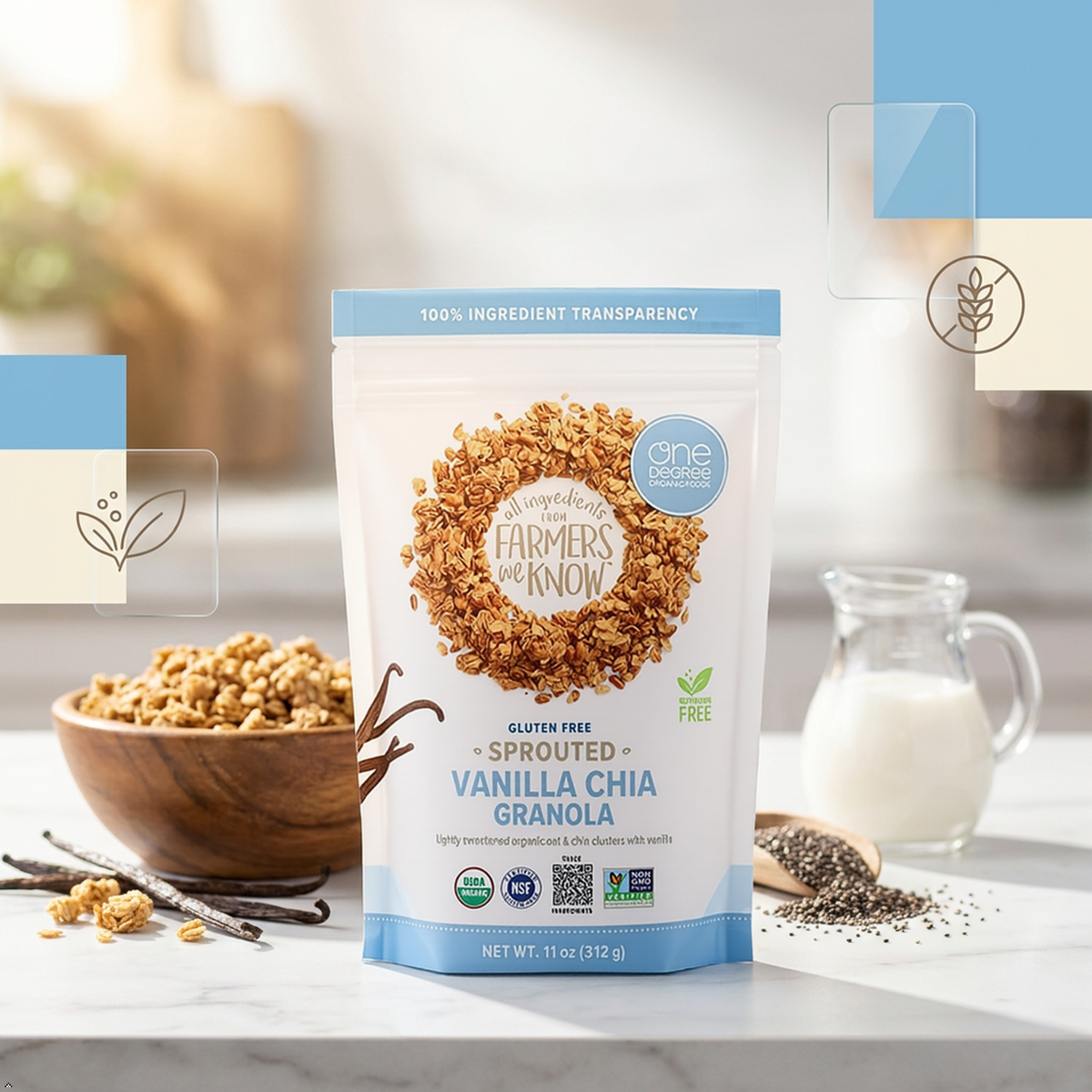 One Degree Organics Granola - Oat Vanilla Chia 11 oz USA (Pack of 6) One Degree Organics