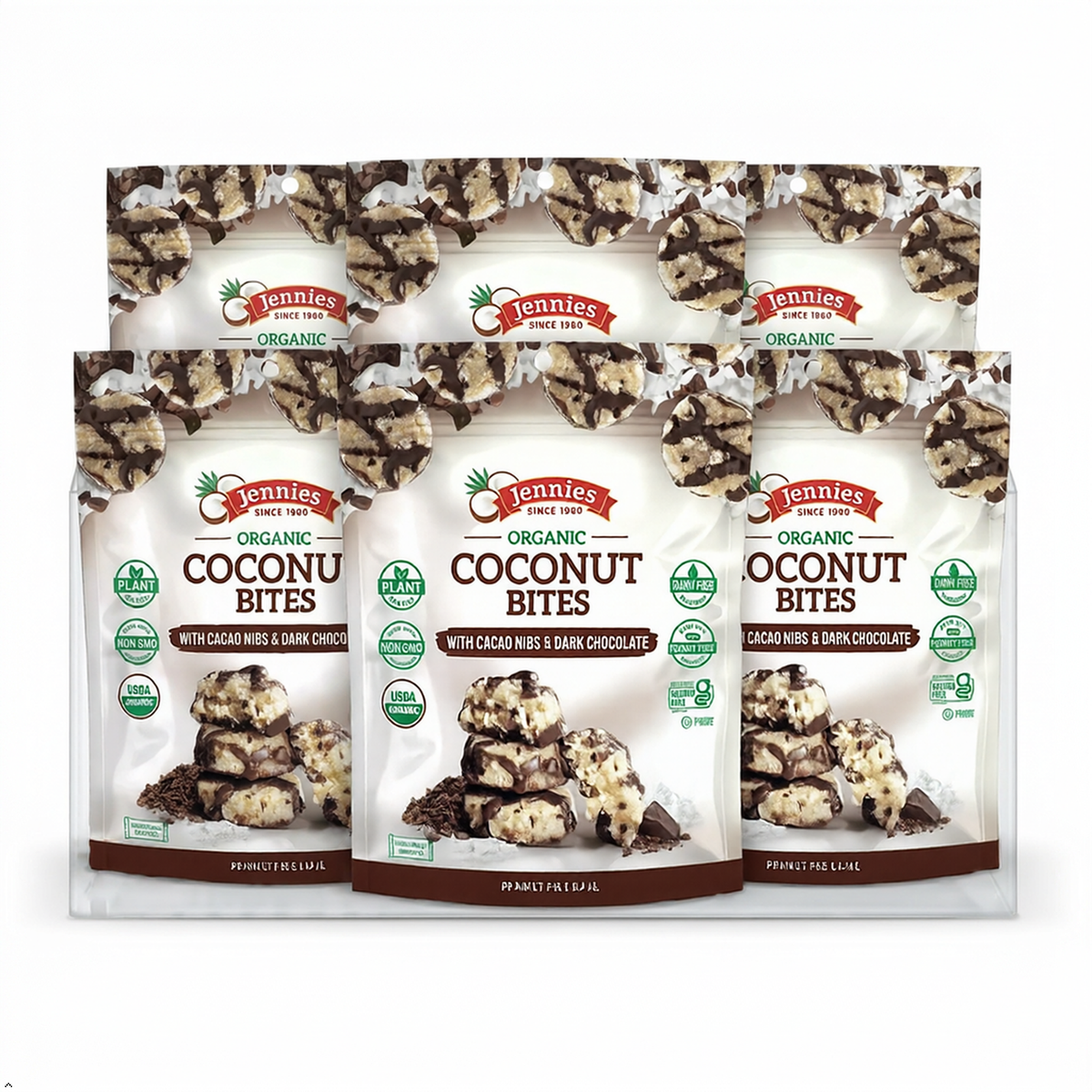 Jennies Organic Coconut Bites with Cacao Nibs & Dark Chocolate (Pack of 6) Jennies
